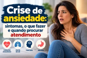 Mulher durante crise de ansiedade com falta de ar e palpitações, representando sintomas físicos e busca por ajuda.